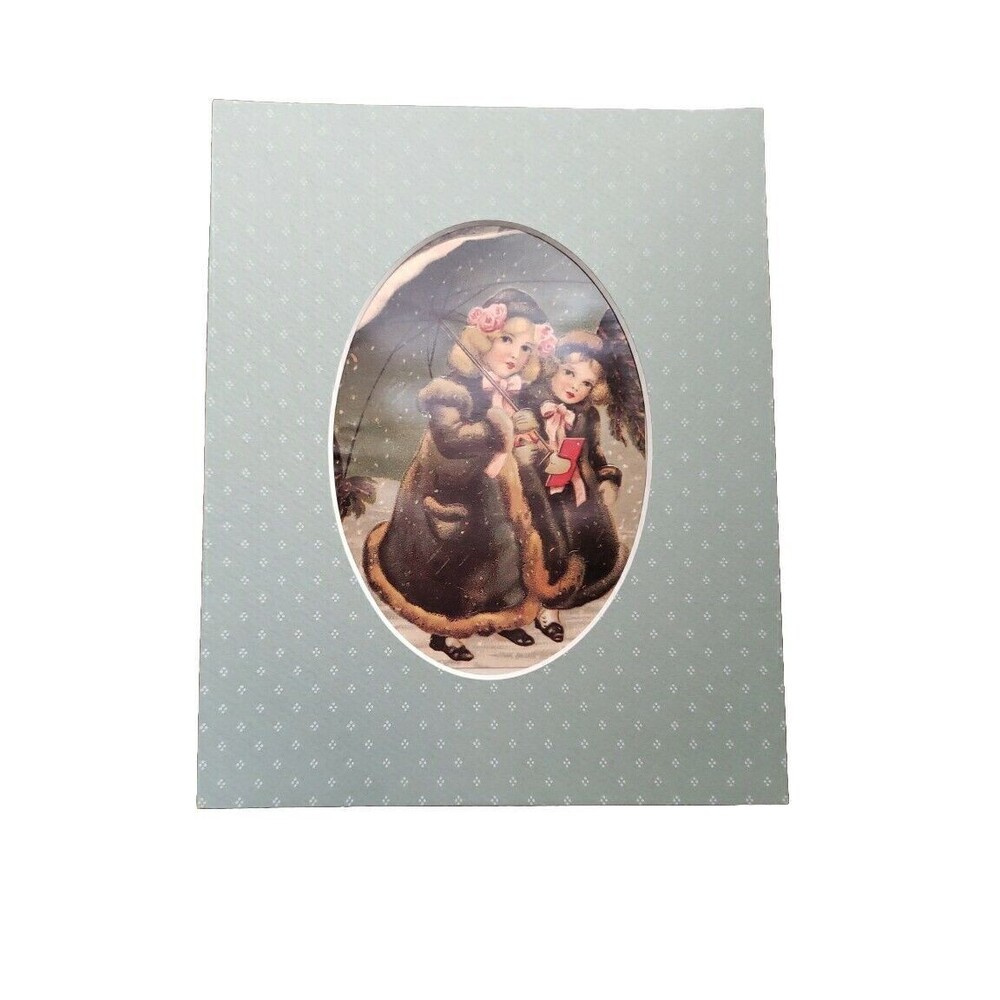 Vintage Print 2 Girls Under Umbrella Winter Snow Fur Coats Reproduction Ephemera